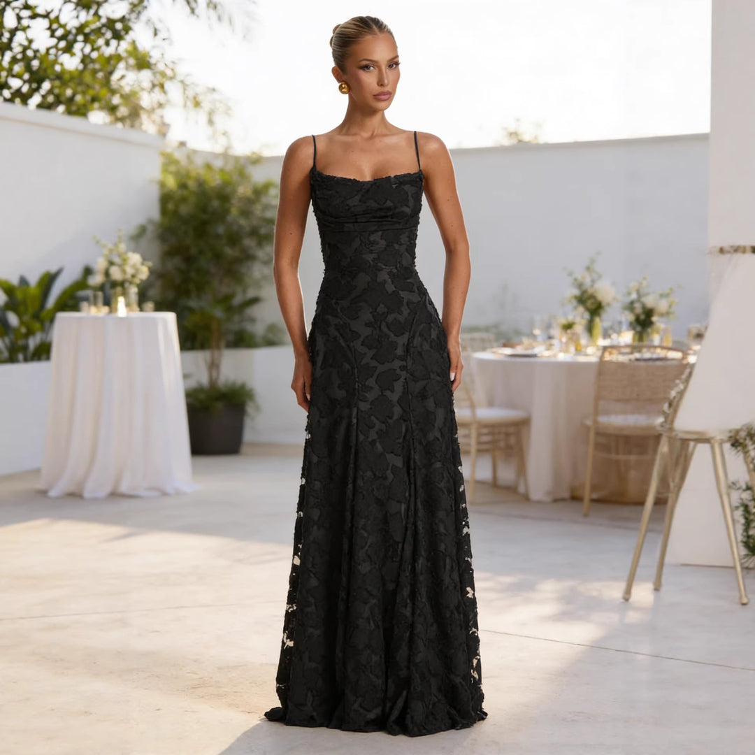 Damer Elegant Maxi Kjole med Blomstret Blonderdesign og Justerbare Spagetti Stropper Skjora