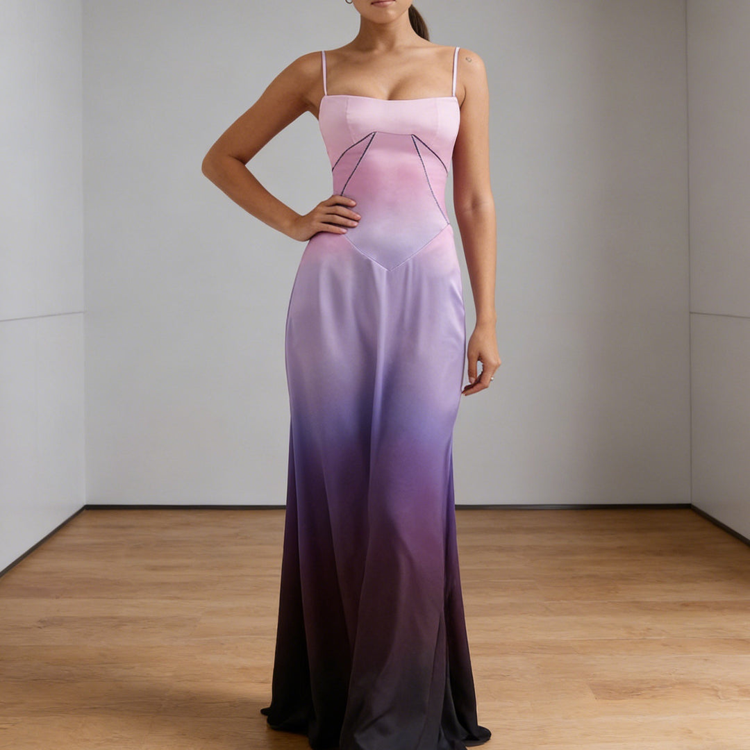 Women's elegant evening gown with floral print bodice and delicate spaghetti straps Skjora