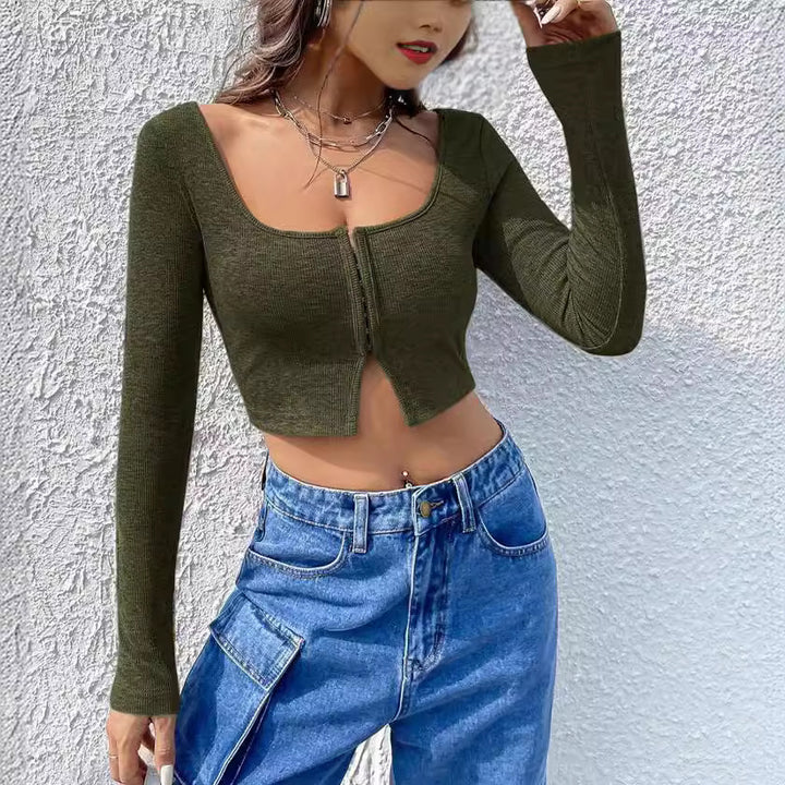 Dame Cropped topp med glidelås og lang arm Skjora