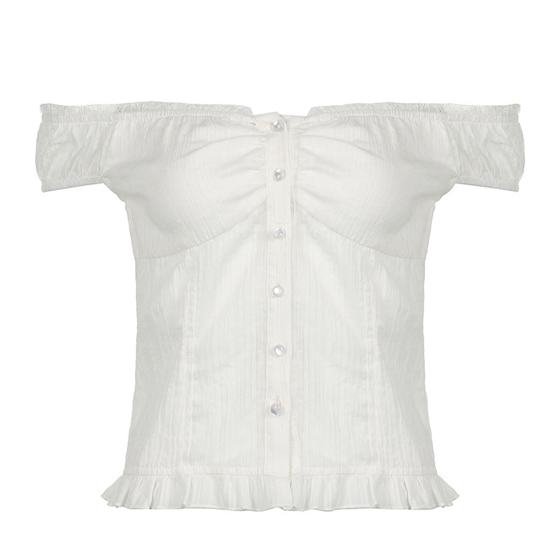 Damer Off-Shoulder Bluse med volangkant og knappdetaljer Skjora