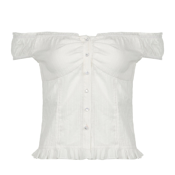 Damer Off-Shoulder Bluse med volangkant og knappdetaljer Skjora