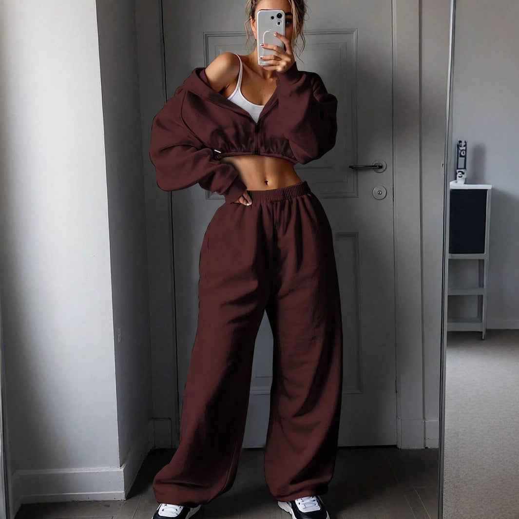 Dame casual cropped sweatshirt og brede høyt liv joggebukse sett Skjora