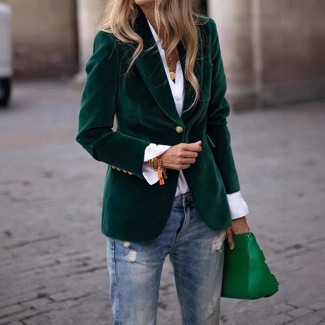Dame Elegant Fløyelsblazer med Skreddersydd Passform og Gullknapper Skjora