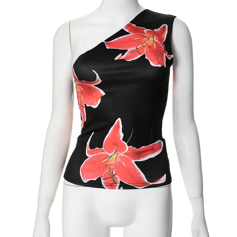 Dame asymmetrisk stroppet skjorte med blomstertrykkdesign Skjora