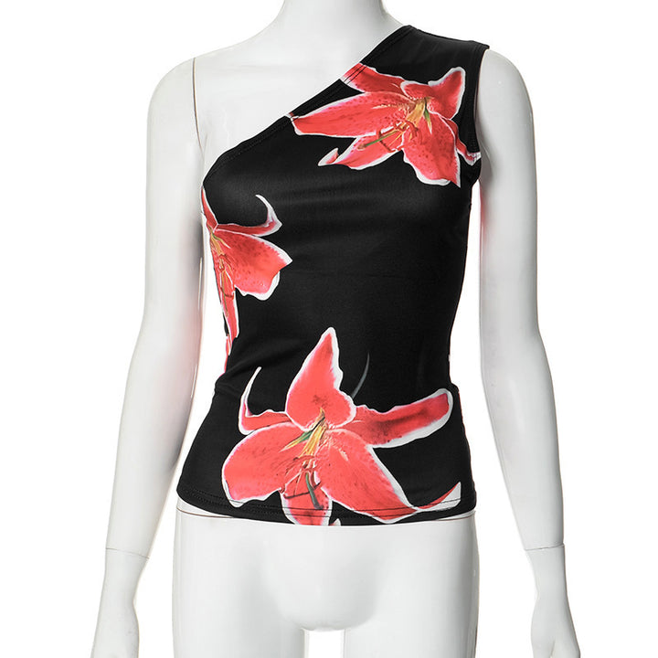 Dame asymmetrisk stroppet skjorte med blomstertrykkdesign Skjora