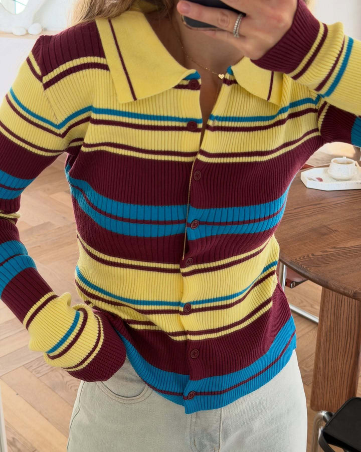 Dame ribbestrikket cardigan med brede striper og krage Skjora
