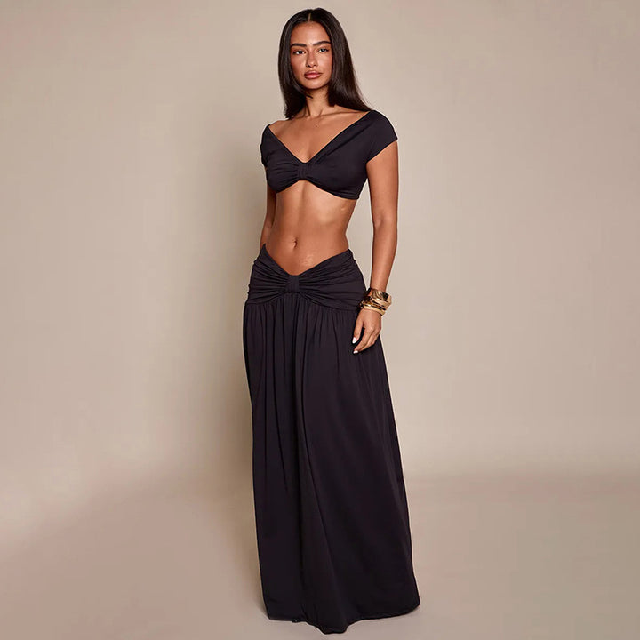 Damer Elegant Cropped Top og Maxiskjørt Sett Skjora