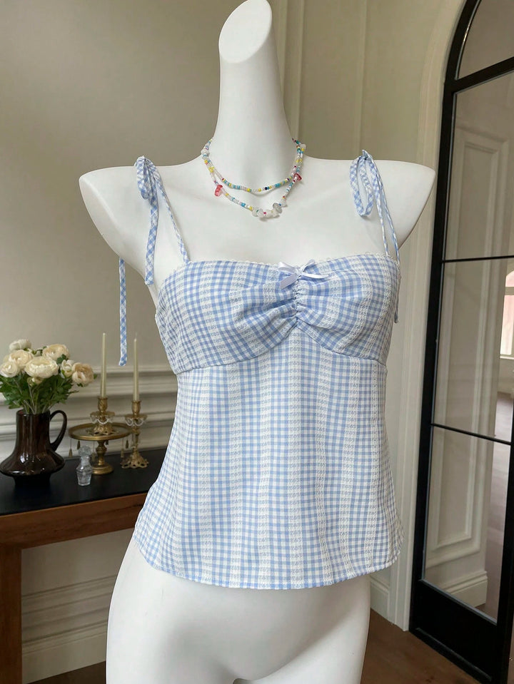 Dame Crop-Top med lekent bundet stropper og rutemønster Skjora