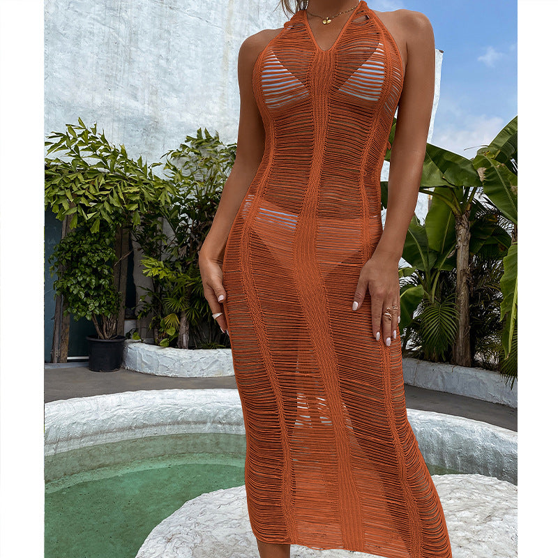 Damen Häkel-Strandkleid mit fransigen Elementen und hoher Taille Skjora