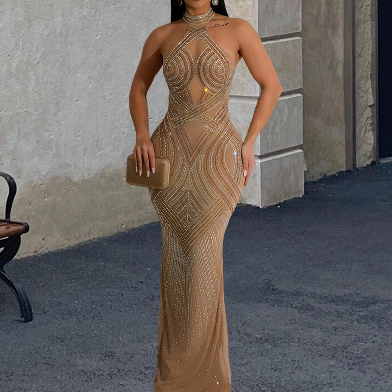 Women's evening gown with sparkling sequin design and form-fitting silhouette