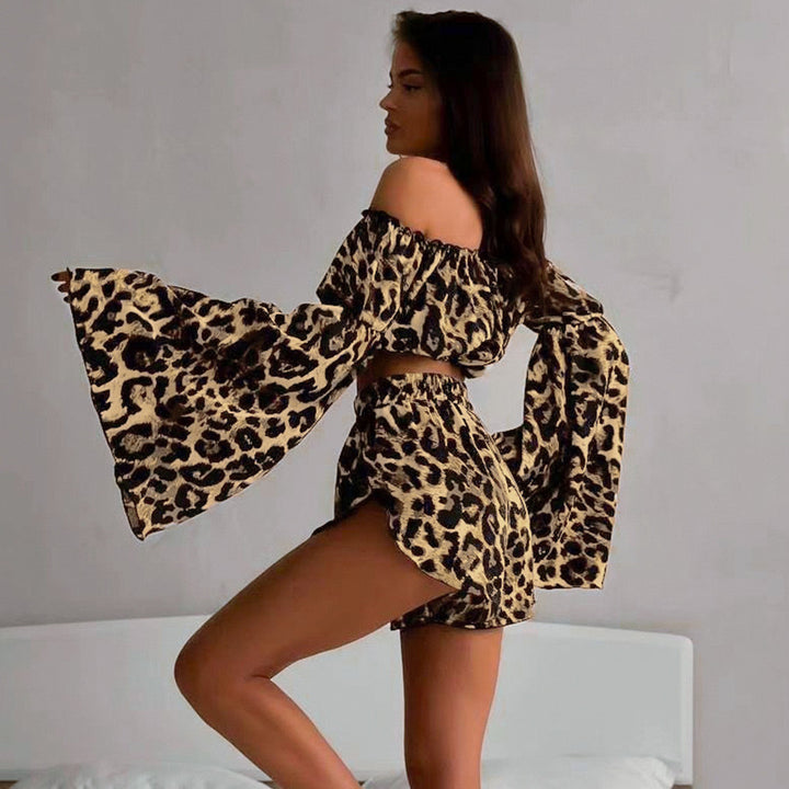Dame Offshoulder Crop-Top med vid arm og leopardmønster Skjora