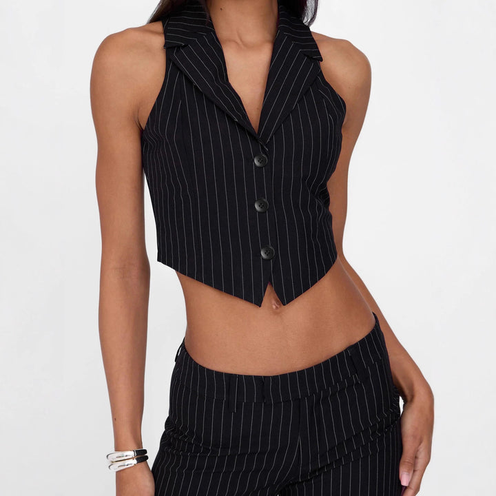 Damer utsvingt bustier-top med fine striper og knapper Skjora
