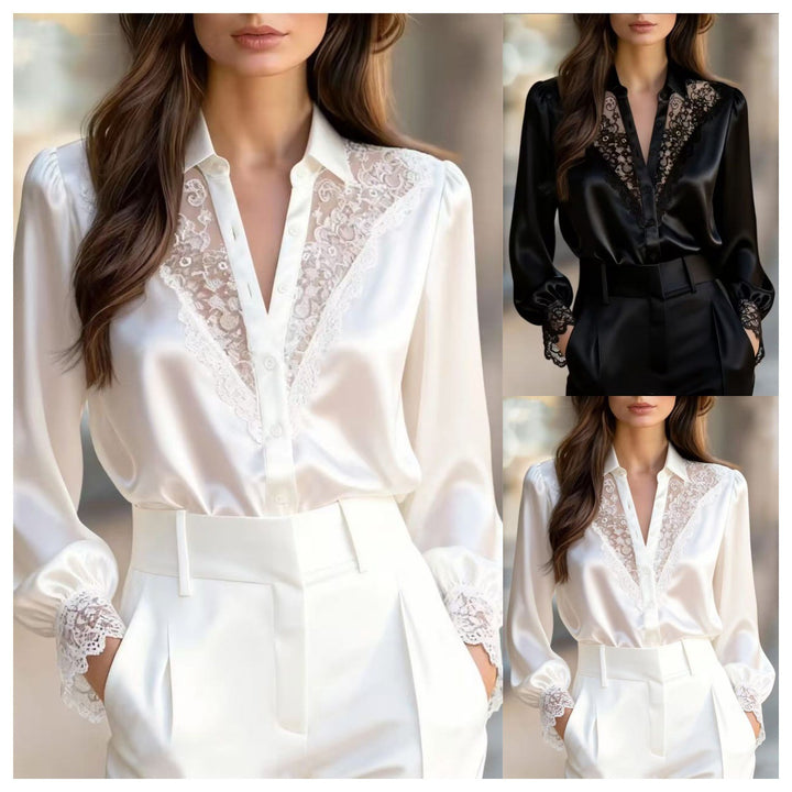 Dame elegant bluse med romantiske spissdetaljer Skjora