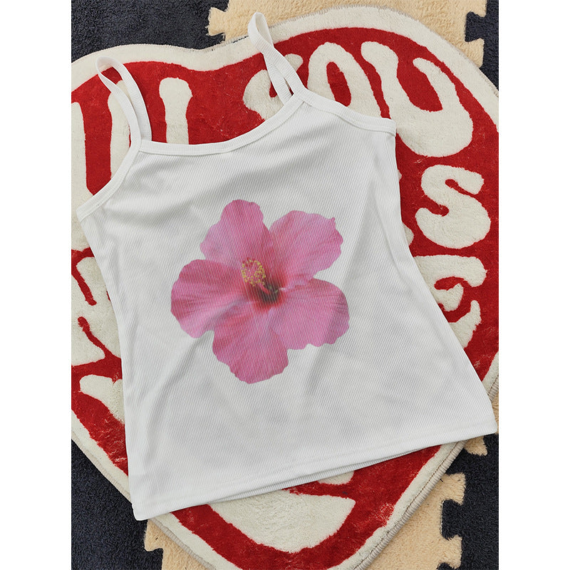 Women's Sleeveless Top with Floral Hibiscus Motif and Relaxed Fit Skjora