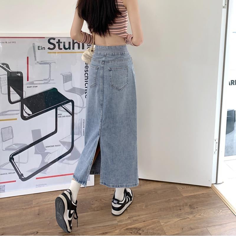 Damer Casual Midi Dongeriskjørt med Sideslisser Skjora