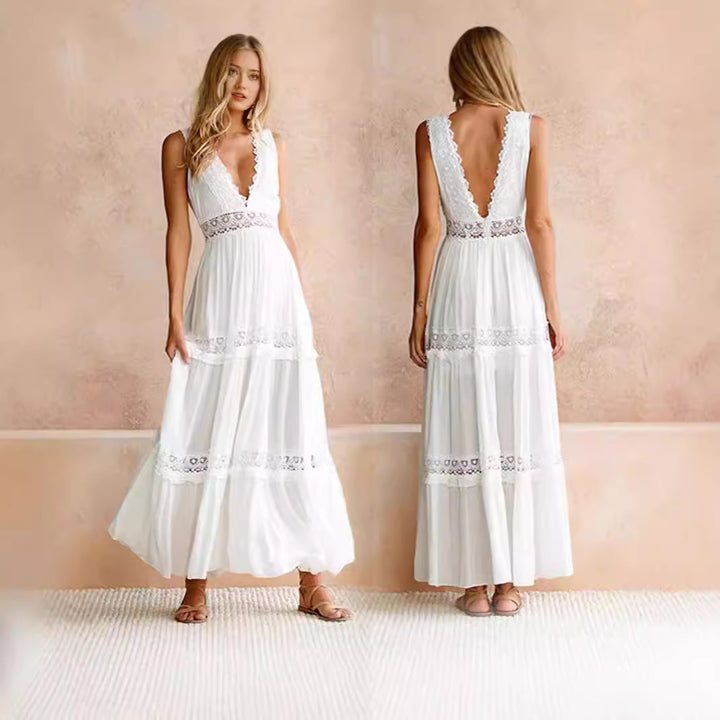 Damer Elegant Maxi Kjole med Dyp V-Hals og Lekne Hekleapplikasjoner