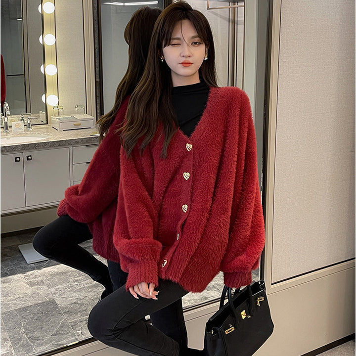 Dames Oversized Cardigan med Hjerteknapper og Mykt Materiale Skjora