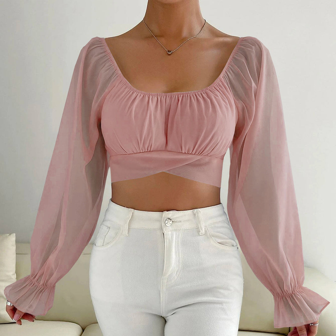 Dame Cropped Bluse med puffede ermer og raffinerte snitt Skjora