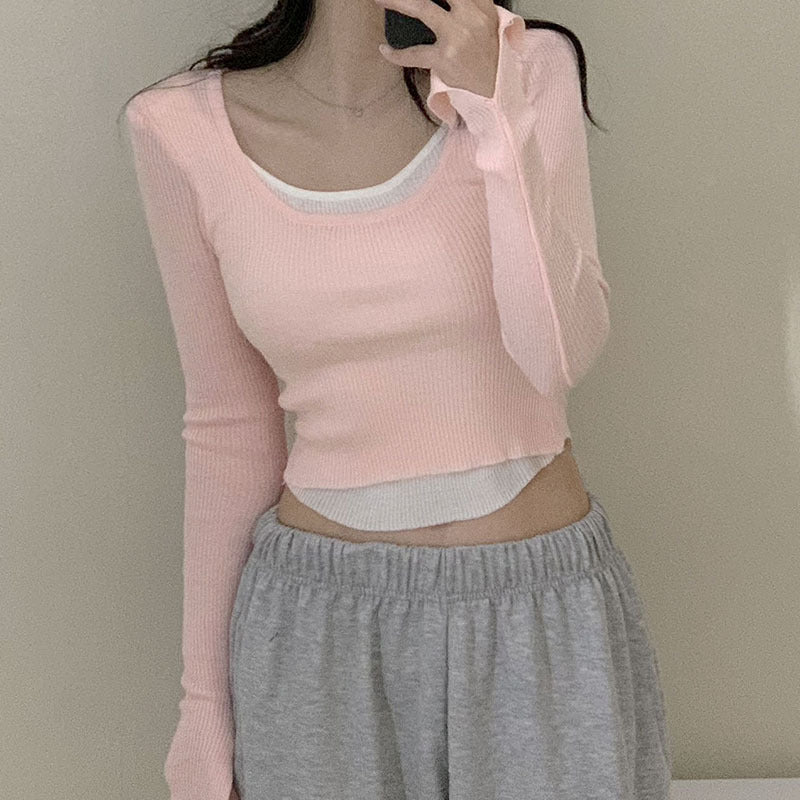 Dame Langarm Crop-Top med dobbelt U-båt-utskjæring og raffinert design Skjora