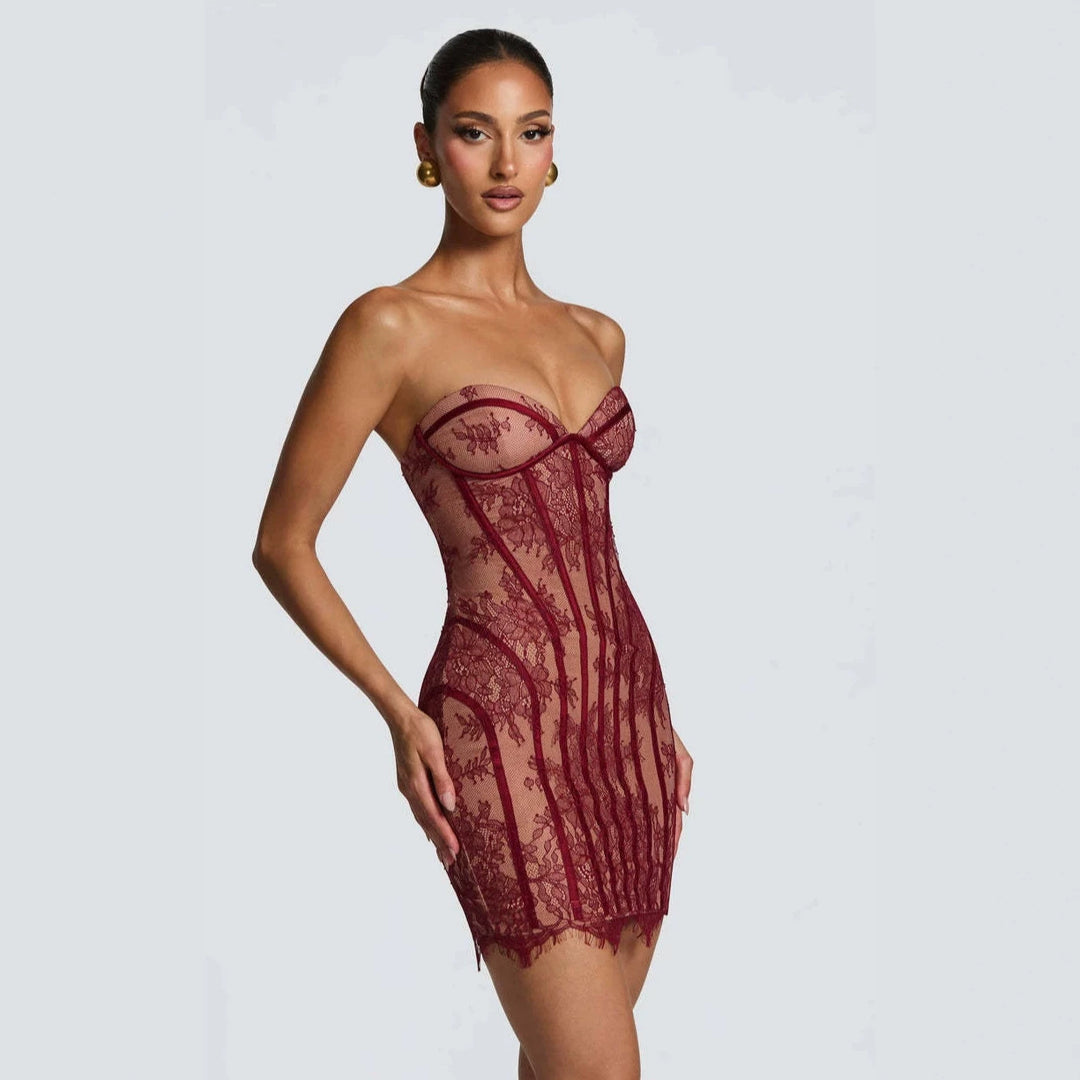 Ladies Refined blonde dress with strapless design and noble decorations Skjora