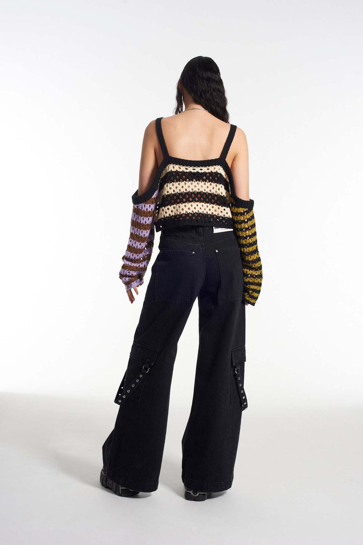 Damer heklet Crop-Top med kreative striper og dekorative ermer Skjora