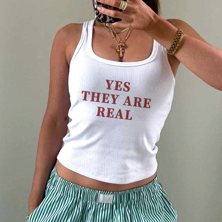 Dame cropped tanktop med iøynefallende skrift Skjora