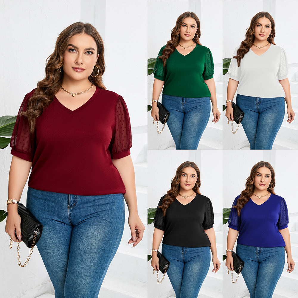 Dame elegant bluse skjorte med transparente puff ermer og V-hals Skjora