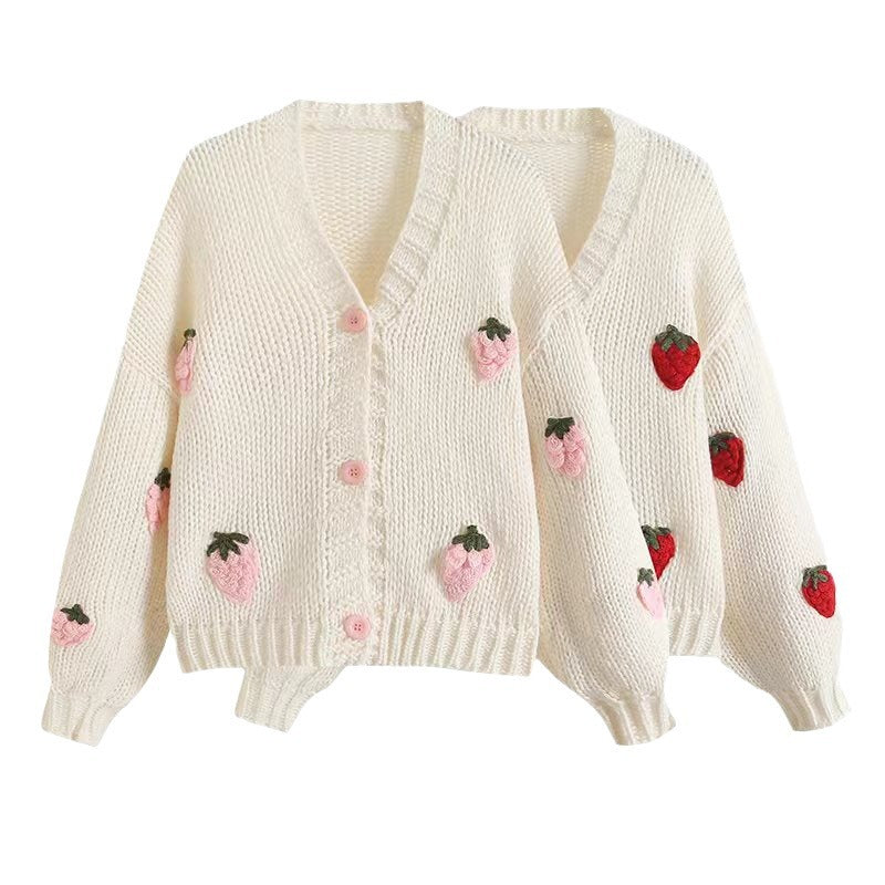 Kvinne cardigan med fruktige appliquéer og moderne knappedetaljer Skjora