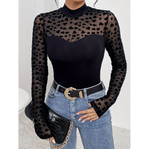Damer Langarm-body med transparente hjerter og elegant høy krage Skjora