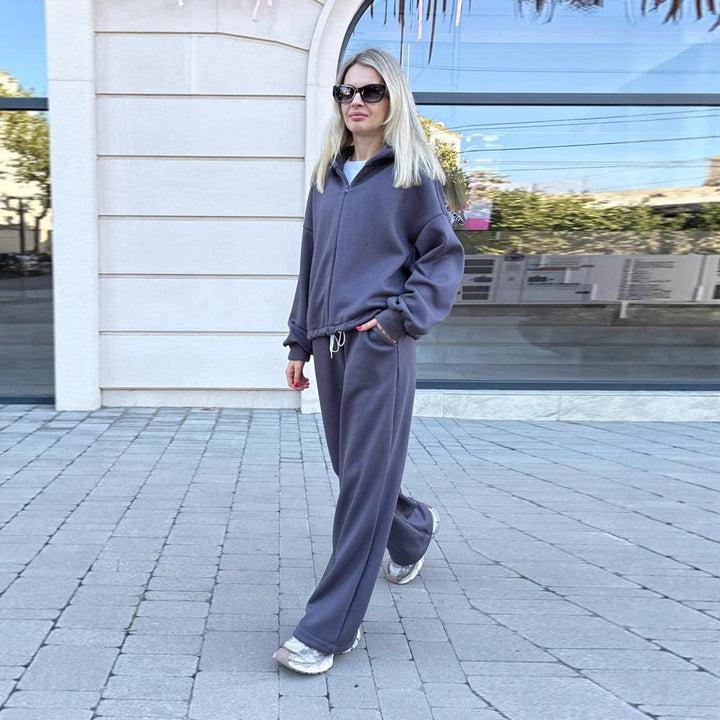 Dame Oversized Hoodie og Vide Bukser Sett Skjora