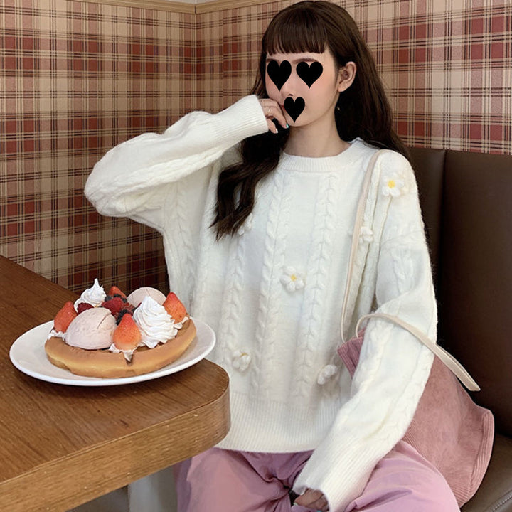 Damer Fashionable Chunky Knit Genser med Blomsterapplikasjoner Skjora
