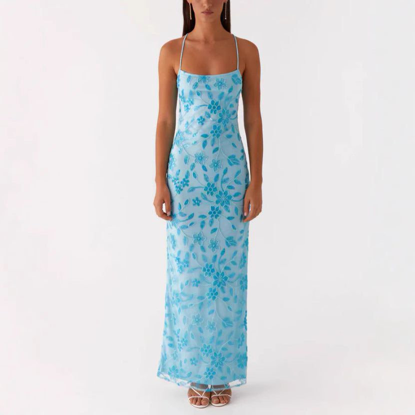 Damer Couture Maxi Kjole med Blomster Smock Design og Forførende Bak Skjora