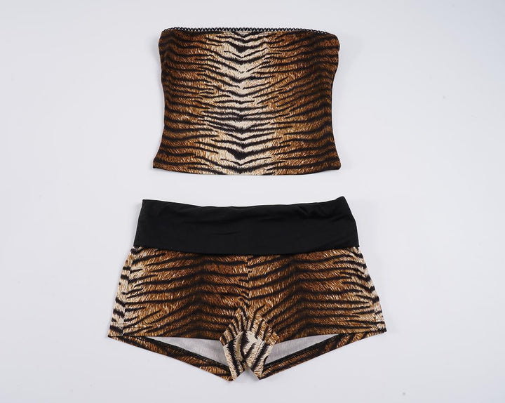 Dame Bandeau-Bikini-set med dyremønster og elastisk belte Skjora