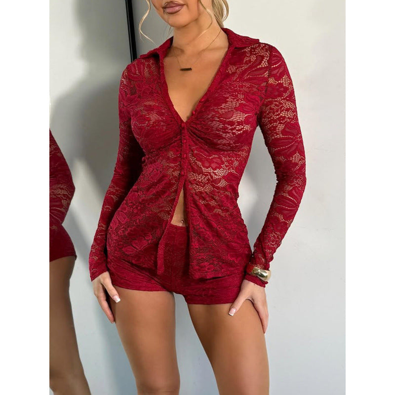 Dame Transparent spissbluse med knappeutklipp og lange ermer Skjora