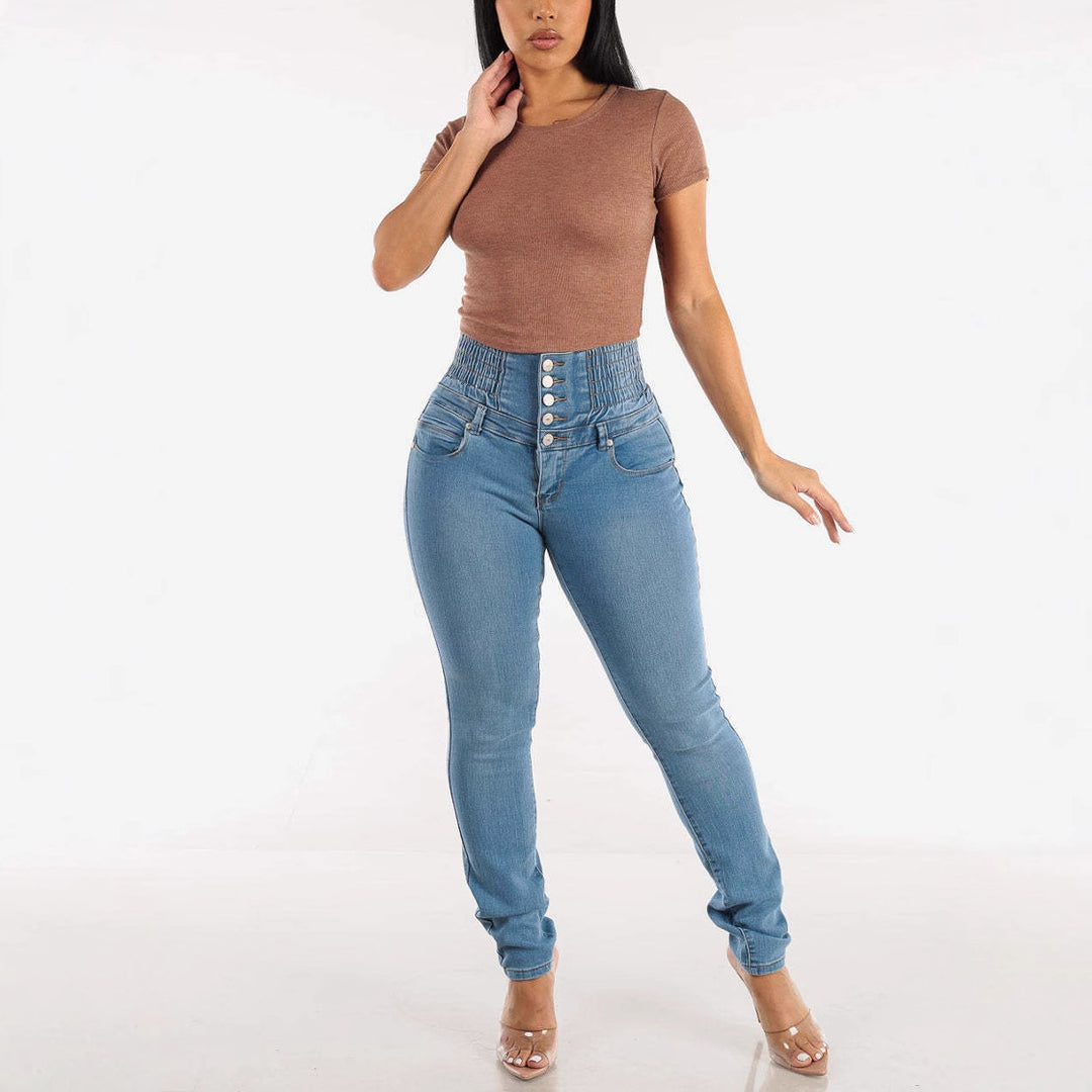 Kvinner Høyt liv Skinny Jeans med Dekorative Knappe Detaljer og Elastisk Livlinje