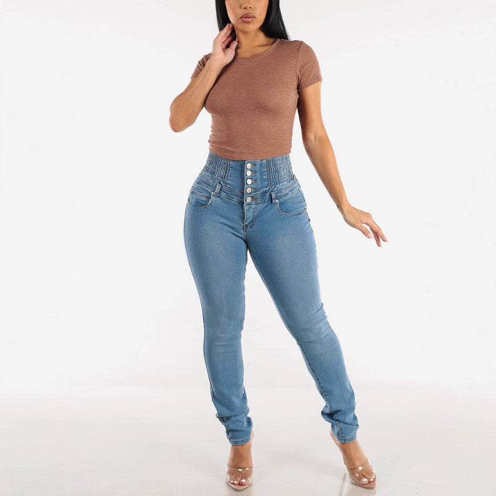 Kvinner Høyt liv Skinny Jeans med Dekorative Knappe Detaljer og Elastisk Livlinje