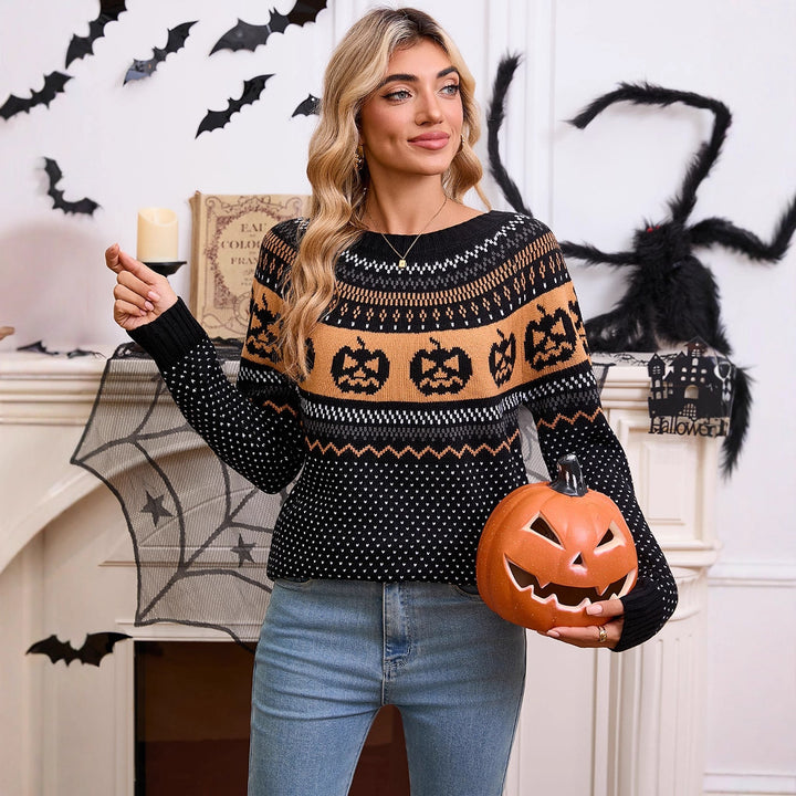 Kvinnes strikkegenser med Halloween-motiv og fin strikketekstur Skjora