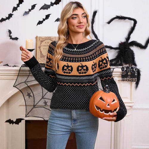 Kvinnes strikkegenser med Halloween-motiv og fin strikketekstur Skjora