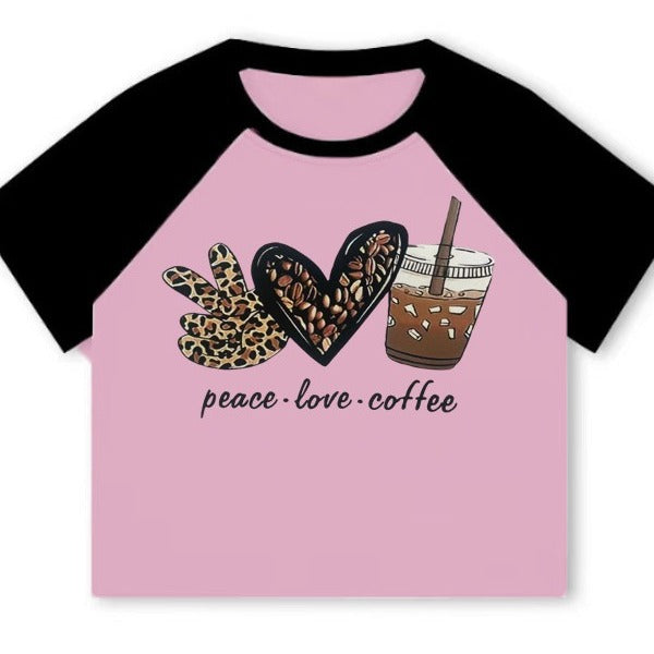 Dame Crop-T-skjorte med kreativ kaffemotiv og avslappet passform Skjora