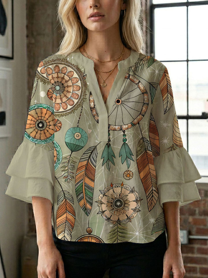 Dame bluseskjorte med voluminøse ermer og kreativt trykkdesign Skjora