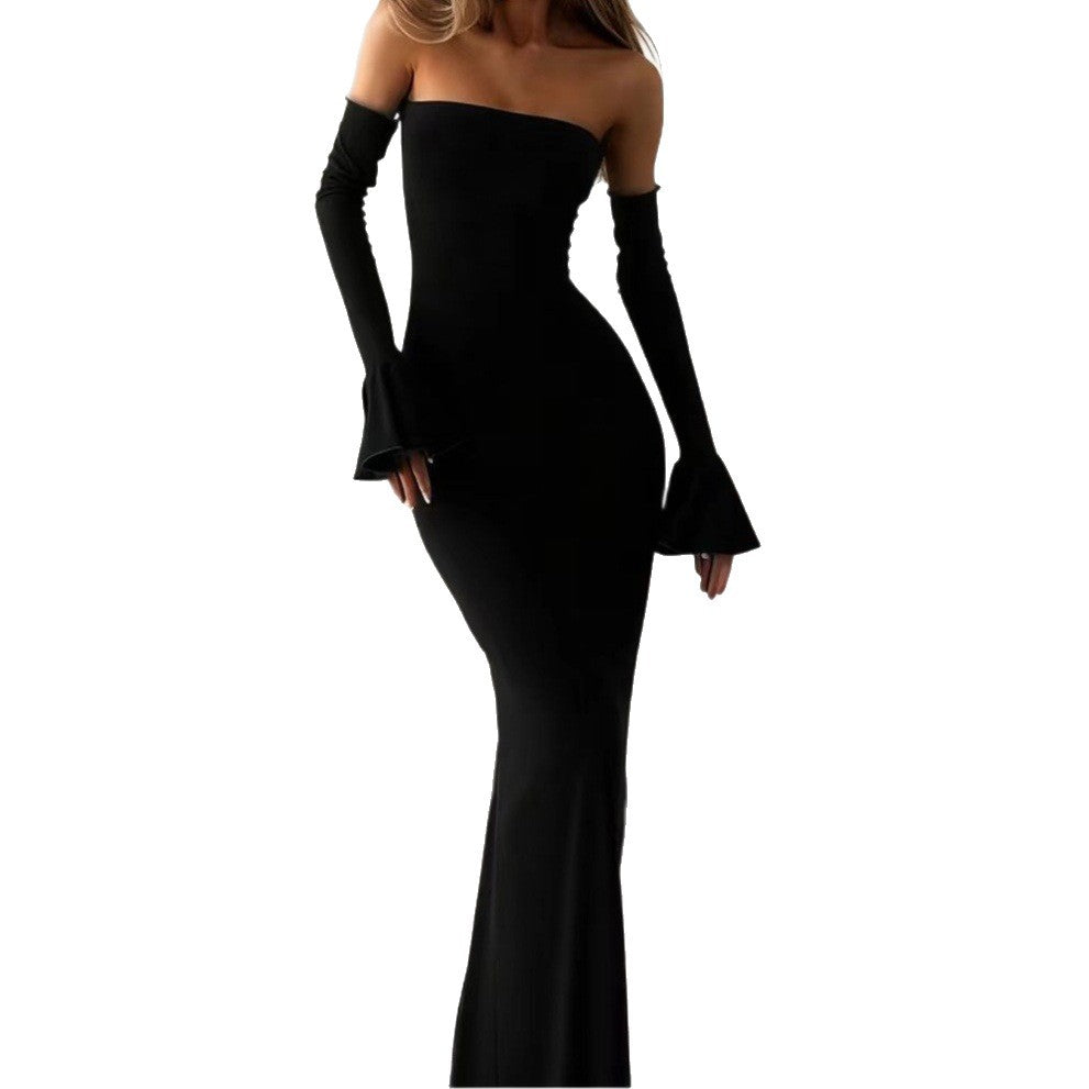 Women's body-hugging off-shoulder evening dress with long sleeves and voluminous cuffs Skjora