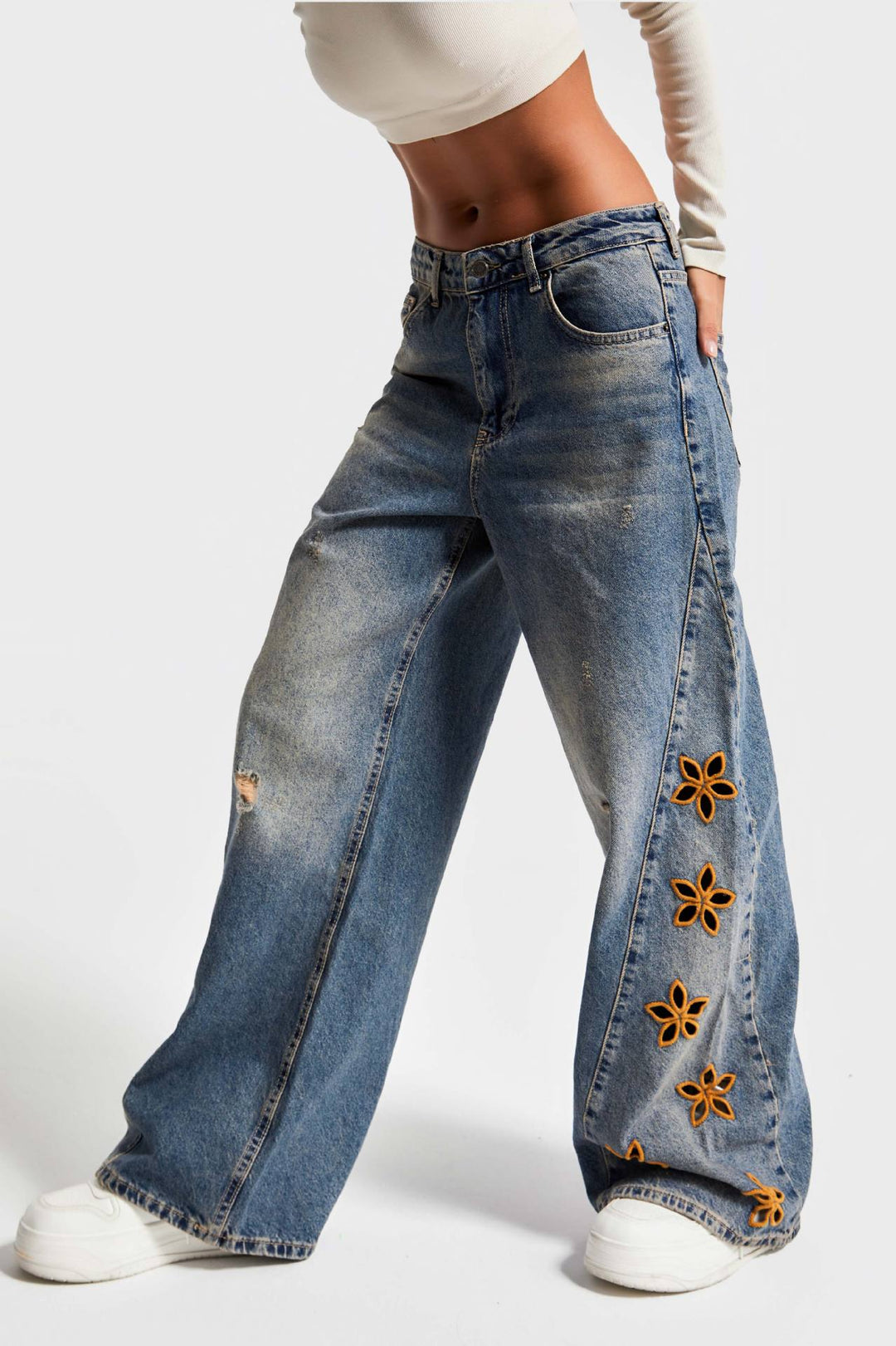 Women's wide-leg jeans with floral print Skjora