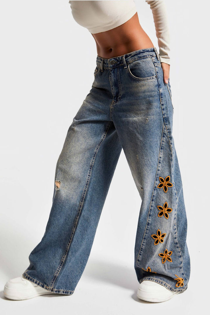 Women's wide-leg jeans with floral print Skjora