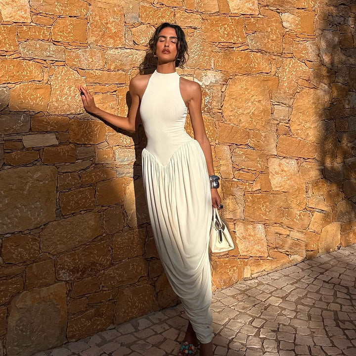 Dame Elegant Maxi jumpsuit med høy krage og flytende kant Skjora