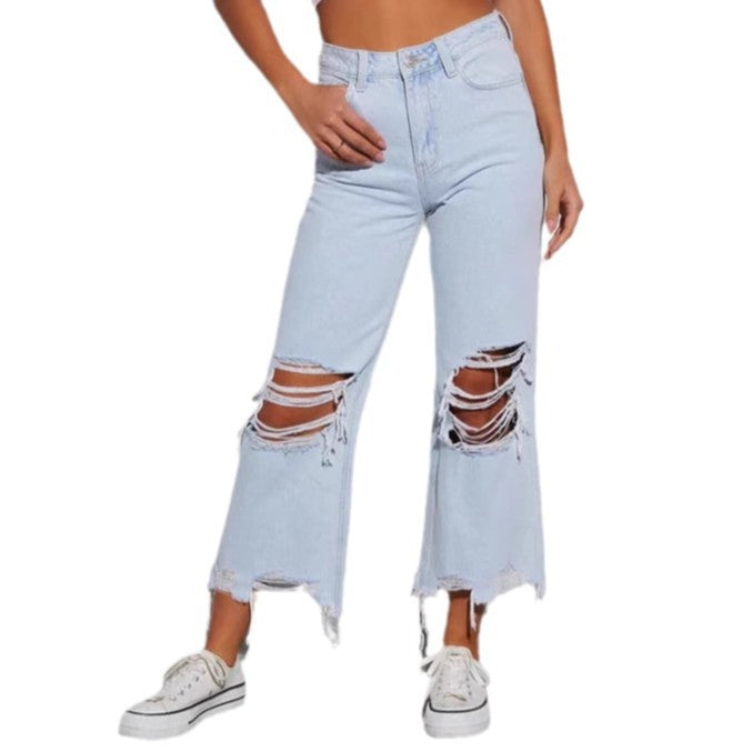 Dame casual boyfriend jeans med iøynefallende ødelagte detaljer og bred ben Skjora