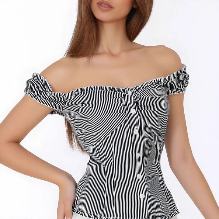 Dame Off-Shoulder Bluse med fine ruffle-detaljer og stripete mønster Skjora