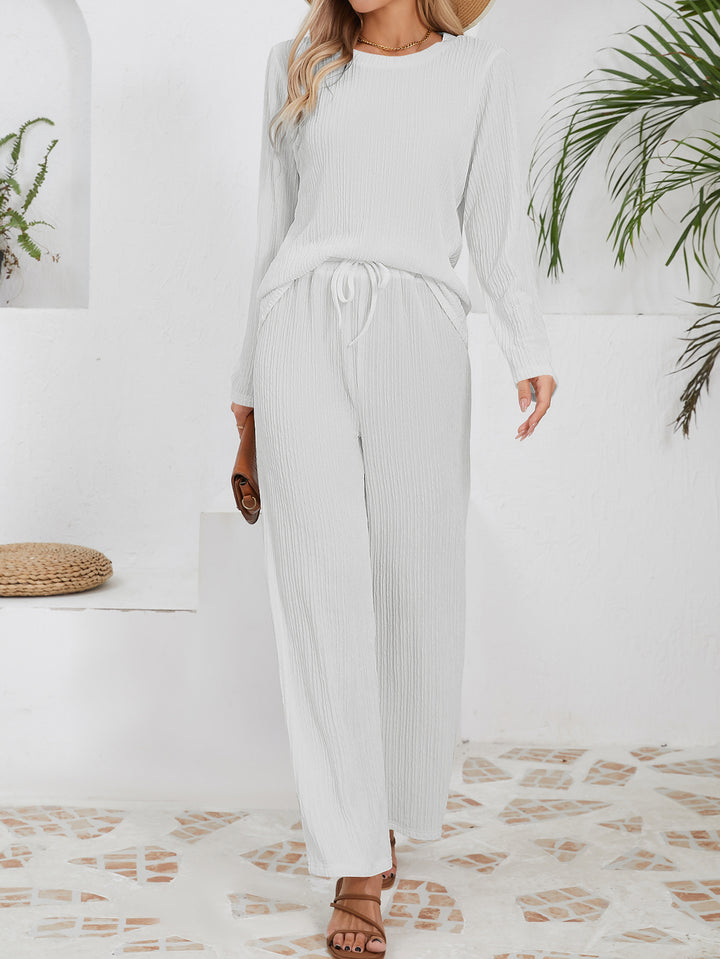 Kvinne Cozy Casual Fritidssett med Ribbet Tekstur og Elastisk Livlinje Skjora