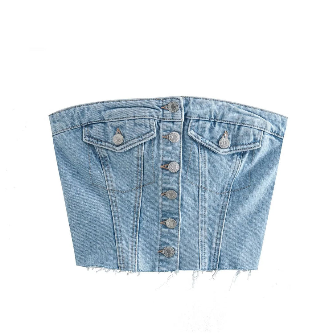 Dame Denim Bustier-Topp med knappestolpe og tettsittende snitt Skjora