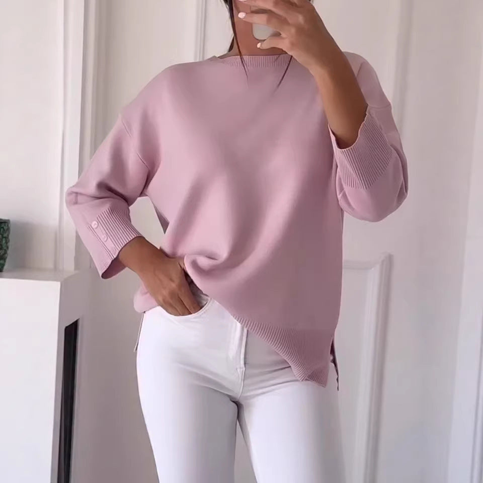 Dame Casual Oversized Genser med Asymmetrisk Snitt og Knappe Detaljer Skjora