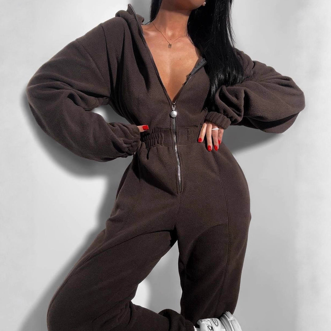 Damer koselig fleece jumpsuit med dyp V-hals og hel lengde glidelås Skjora